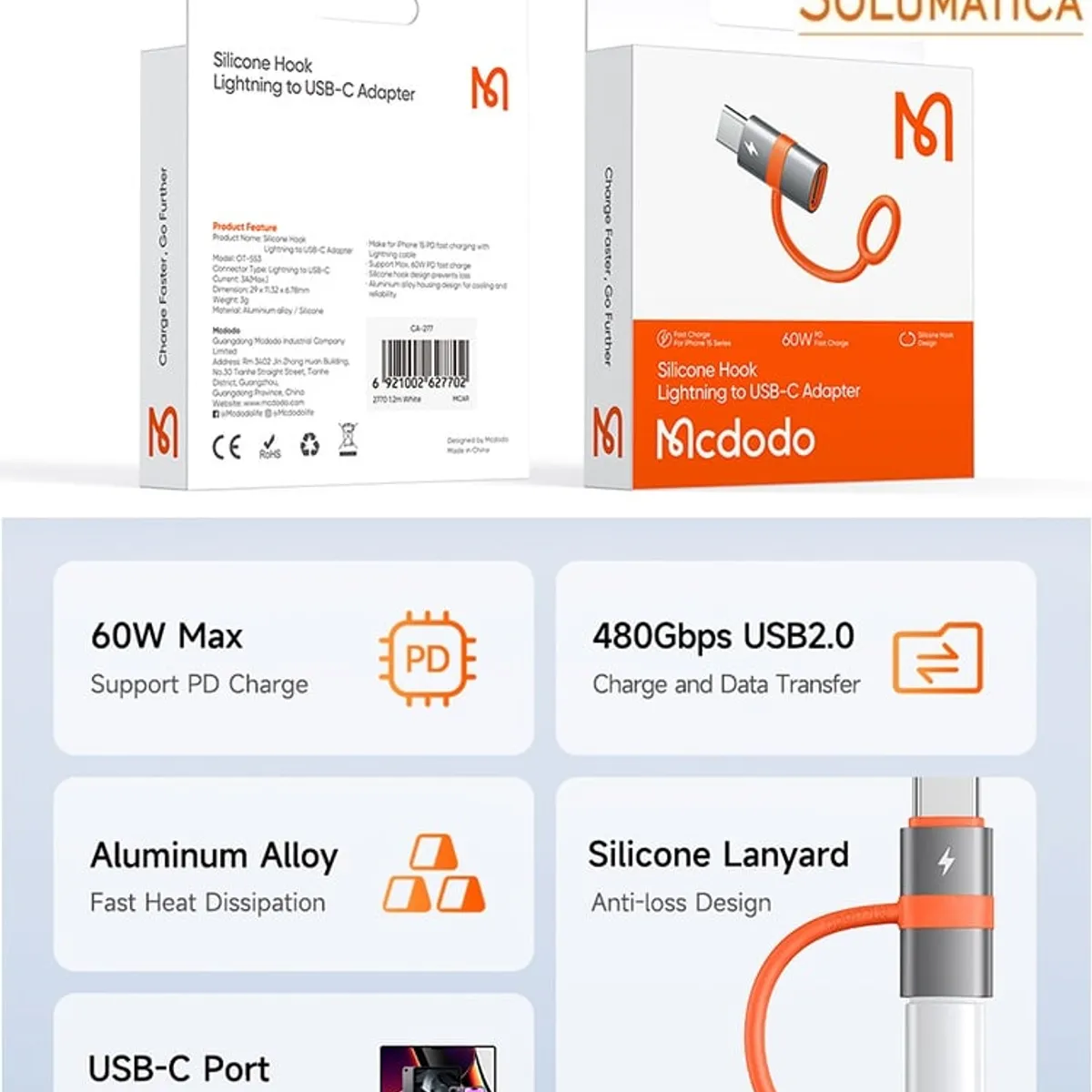 MCDODO - Adaptador Lightning a Tipo C - OTG PD - Carga rapida y datos