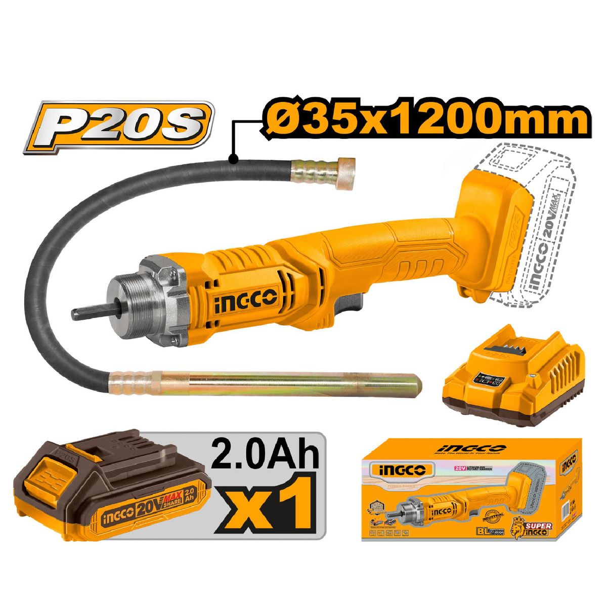 INGCO - Vibrador de concreto inalambrico 20v + bateria 2ah Ingco