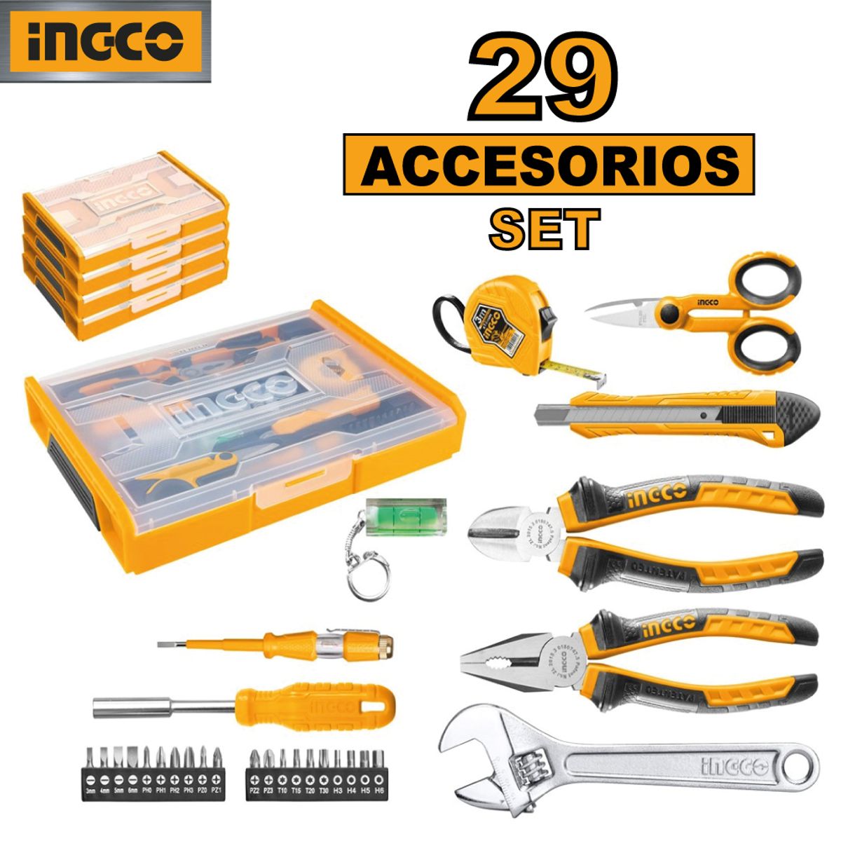 INGCO TOOLS - Set Organizador INGCO + 29 Herramientas Manuales Básicas HKTV01H291