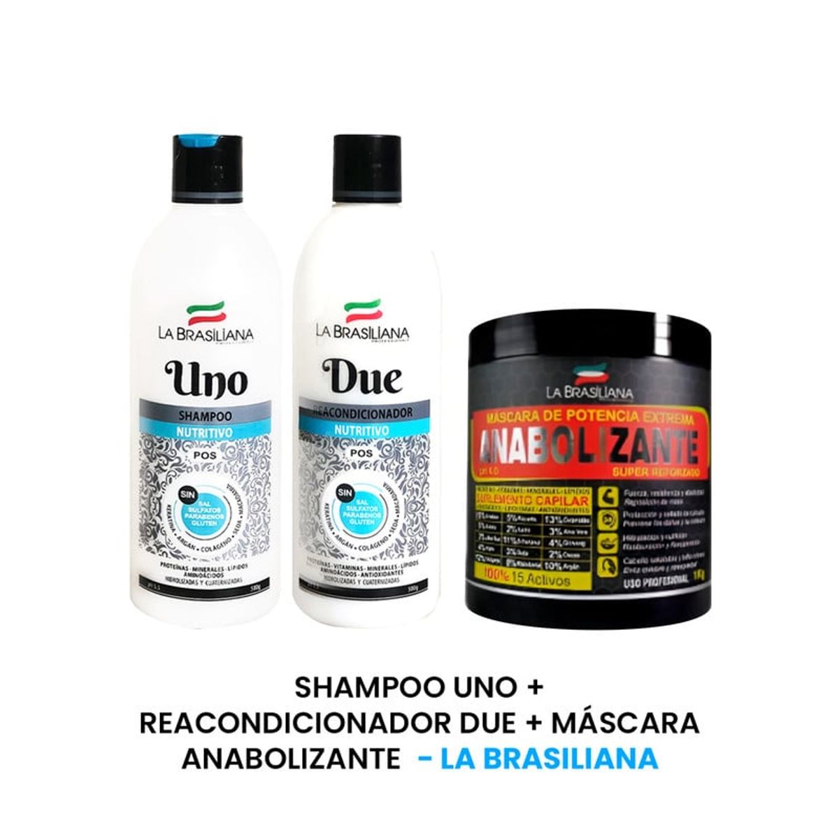LA BRASILIANA - Shampoo uno + Reacondicionador due + Máscara anaboliza La Brasiliana