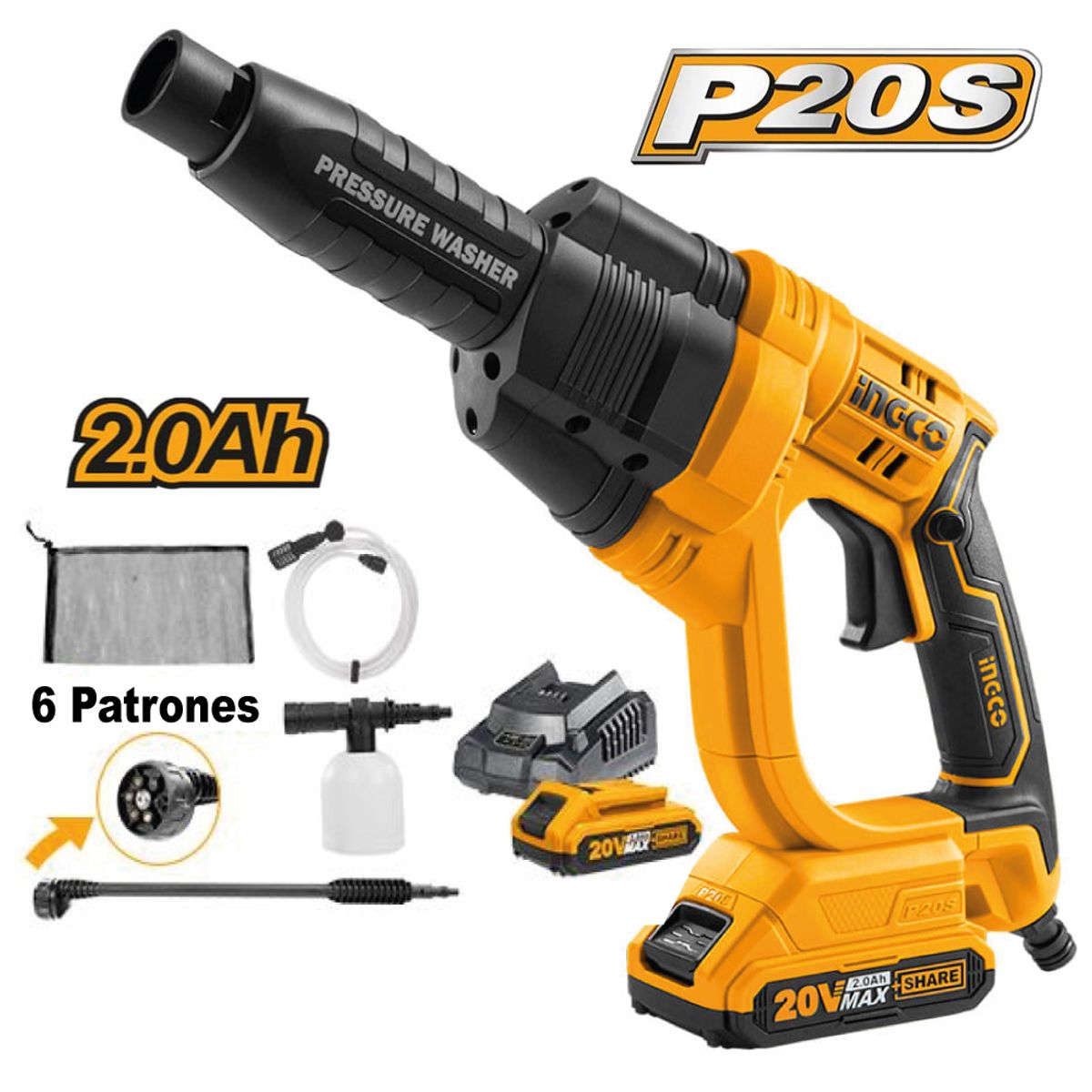 INGCO TOOLS - Hidrolavadora Inalámbrica INGCO 20V P20S Batería 20AH + Kit de Accesorios CPWLI20082