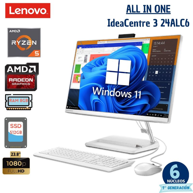 LENOVO - All In One Lenovo 3 24Alc6 Amd Ryzen 5, 23.8"Fhd, Ram 8Gb, Ssd 512Gb, Windows 11