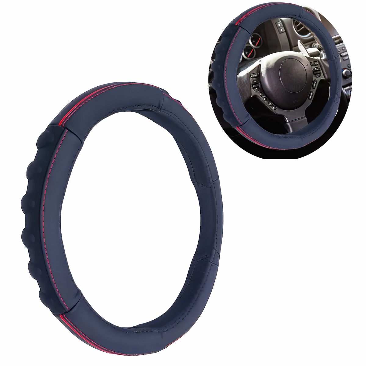 GENERICO - Cubre Volante Cuero Talla M Hilo Rojo Ergonomico