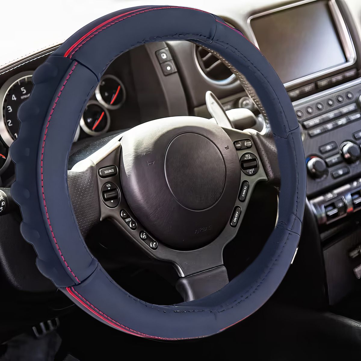 GENERICO - Cubre Volante Cuero Talla M Hilo Rojo Ergonomico