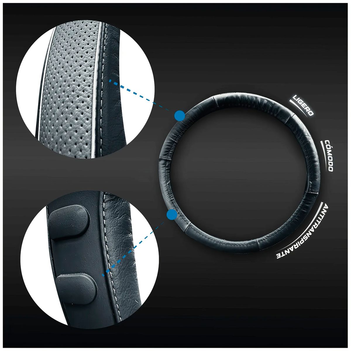 GENERICO - Cubre Volante Cuero Talla M Hilo Gris Ergonomico