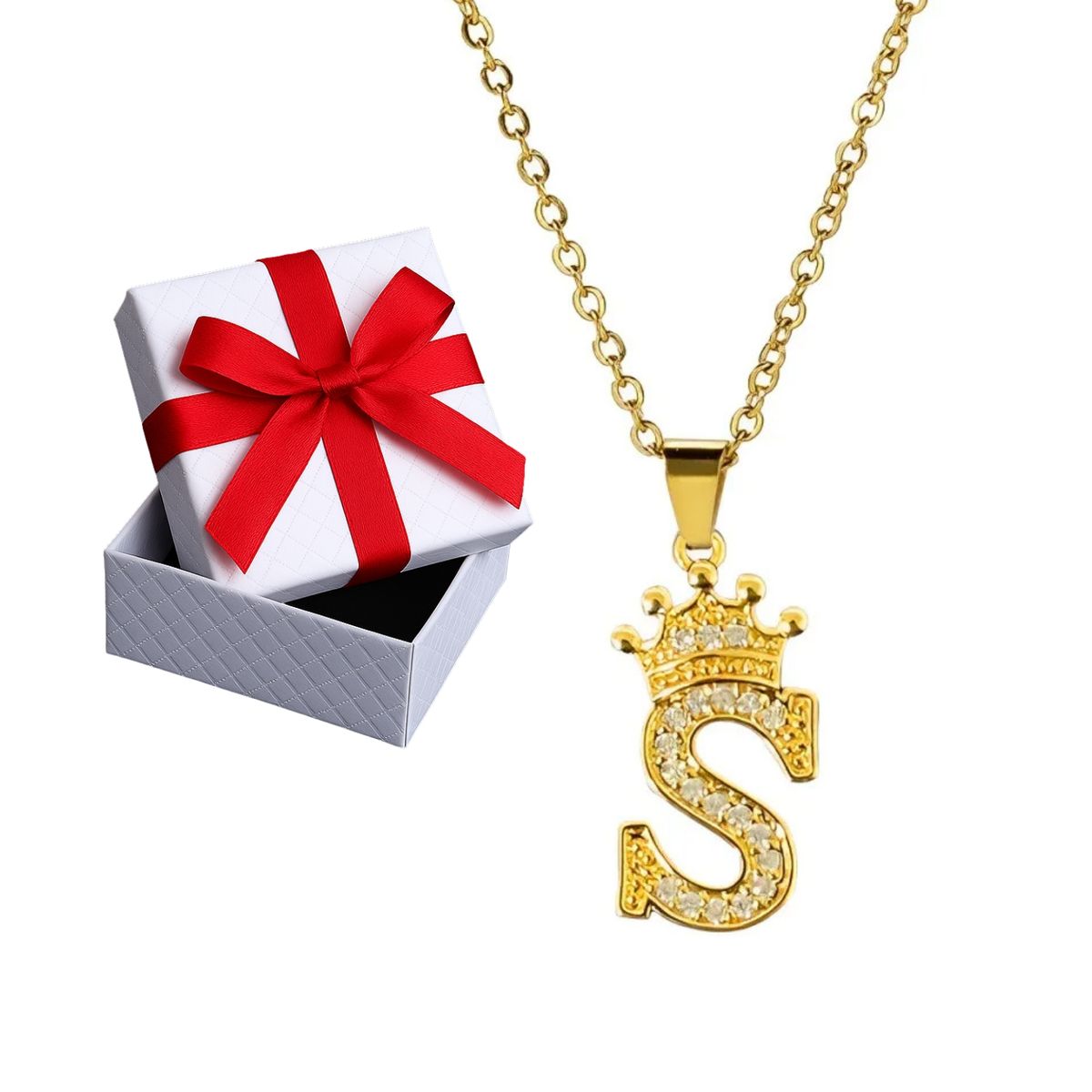 GENERICO - Collar Mujer Corona Inicial Letra S Regalo Joya Acero Dorado