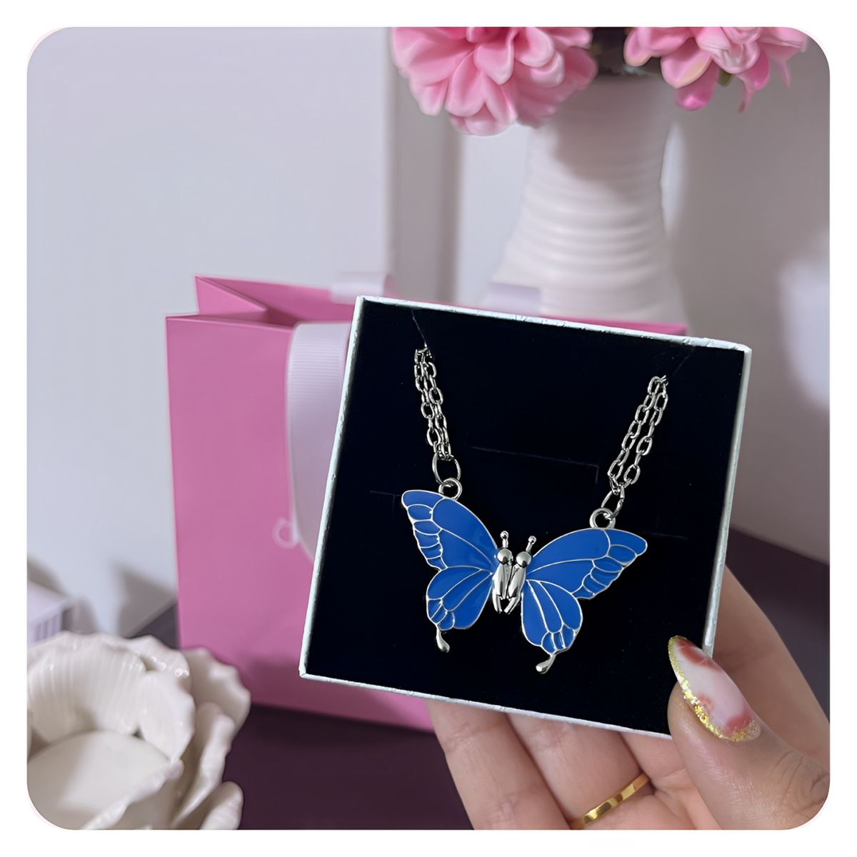 GENERICO - Collar Mejores Amigas Mariposa Azul Imantado Acero Plateado