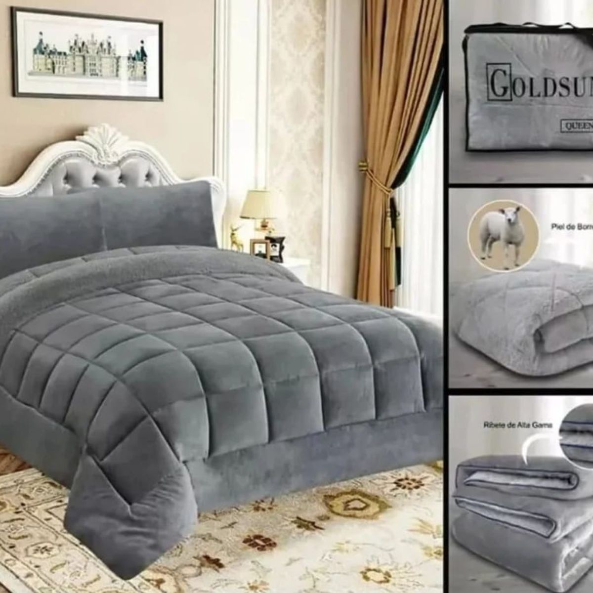 GENERICO - EDREDÓN PIEL DE ANGEL CON REVERSO CON CARNERO 3 PIEZAS  2 plazas  GRIS