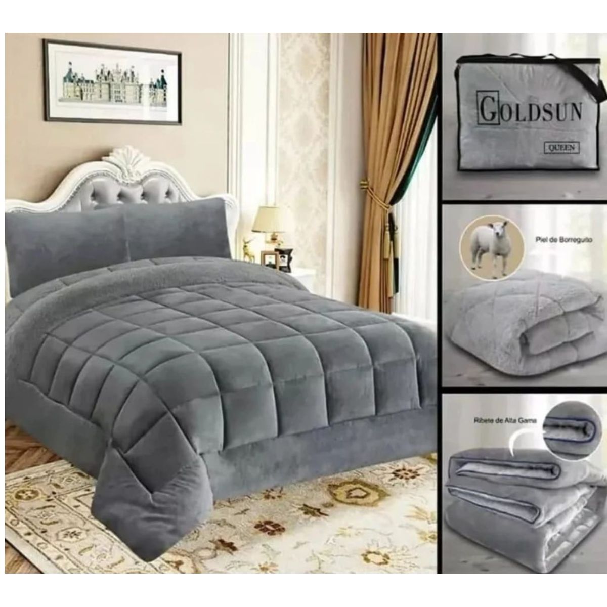 GENERICO - EDREDÓN PIEL DE ANGEL CON REVERSO CON CARNERO 3 PIEZAS  2 plazas  GRIS