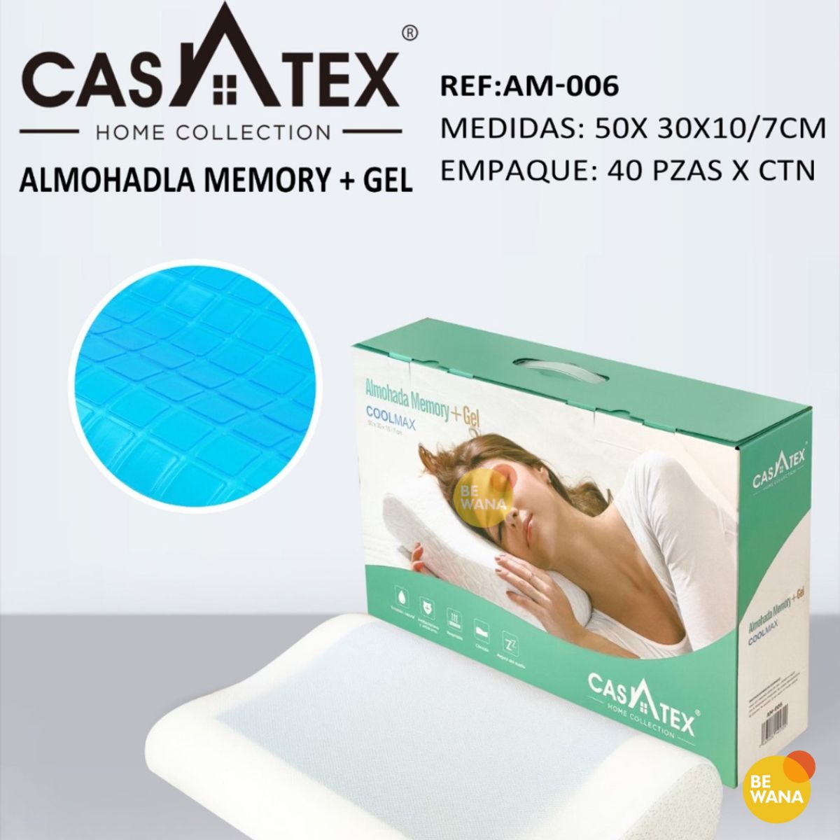 CASATEX - Almohada Ortopédica Viscoelástic MEMORY FOAM GELCOOLMAX 50cm x 30cm.