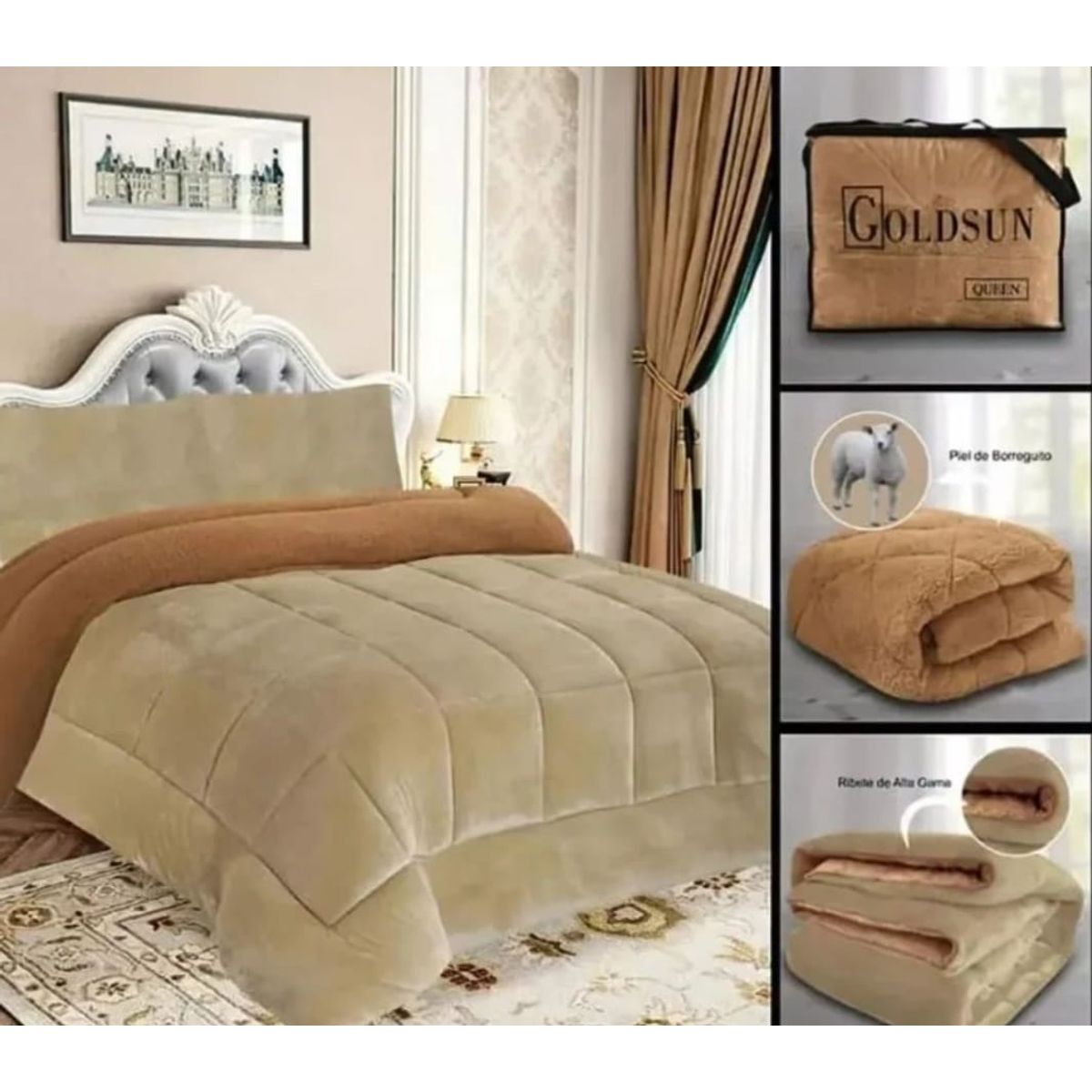 GENERICO - COBERTOR  ANGEL CON REVERSO CON CARNERO 3 PIEZAS DOS PLAZAS BEIGE