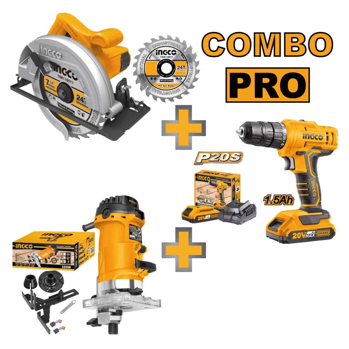 INGCO TOOLS - COMBO SIERRA CIRCULAR INGCO 1400W CS18538 + ATORNILLADOR 20V CDLI200518 + RUTEADORA 600W PLM6001