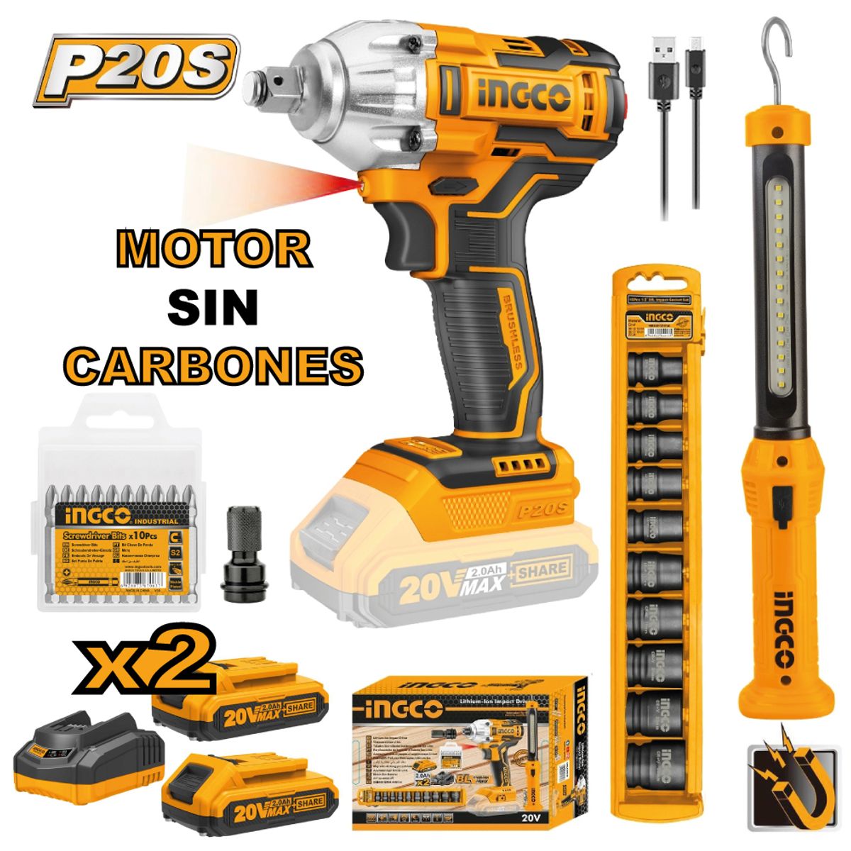 INGCO TOOLS - Kit Llave de Impacto Brushless INGCO 20V 300NM + Lámpara + Dados + Puntillas COSLI23011