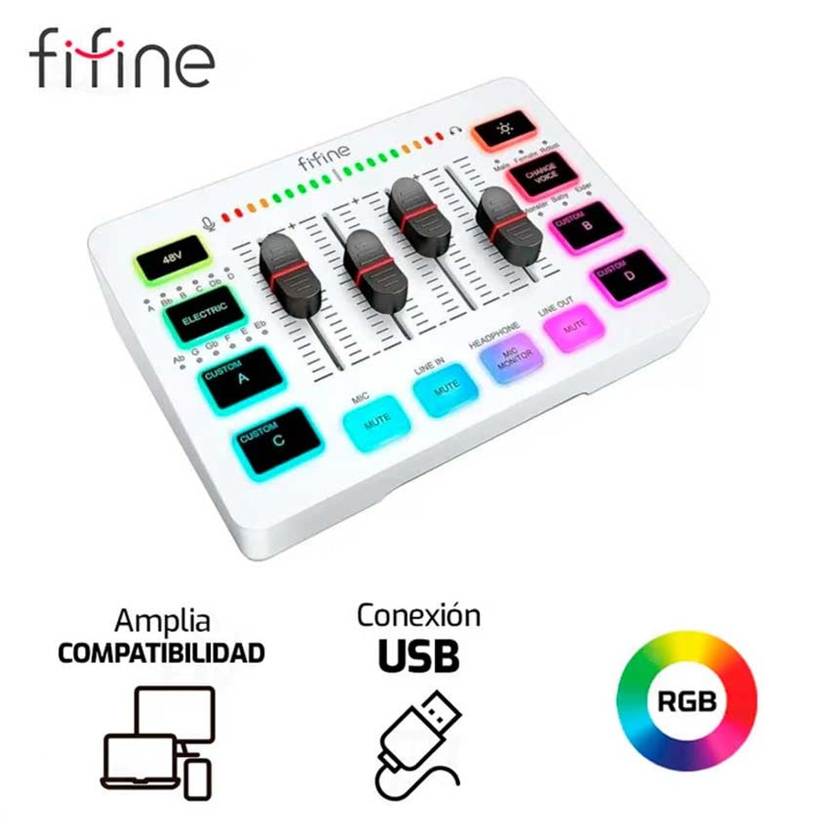 FIFINE - Mezclador De Sonido MIXER FIFINE SC3 RGB Blanco