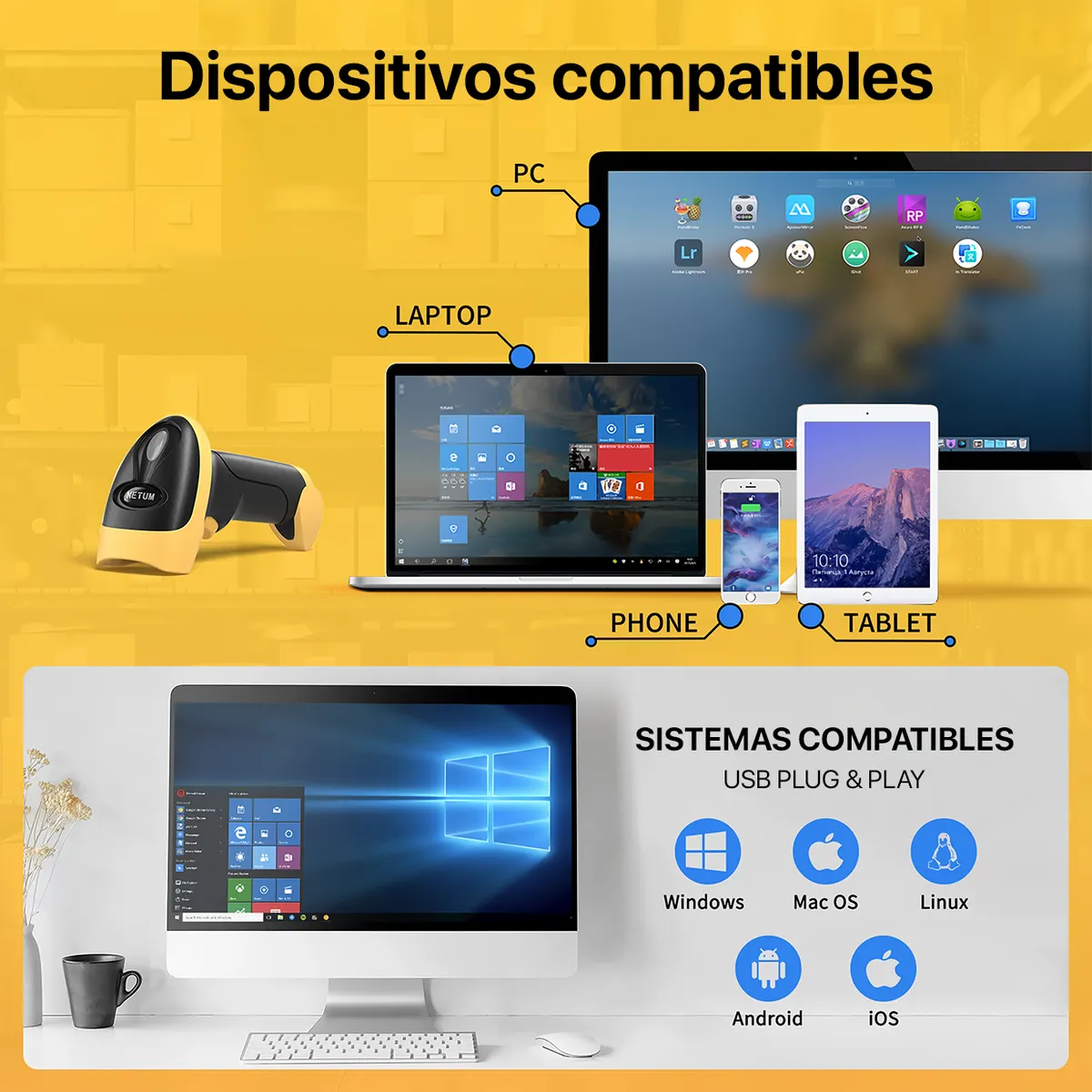 NETUM - Lector de Código QR Barras Netum L8BL Pro Inalámbrico Bluetooth