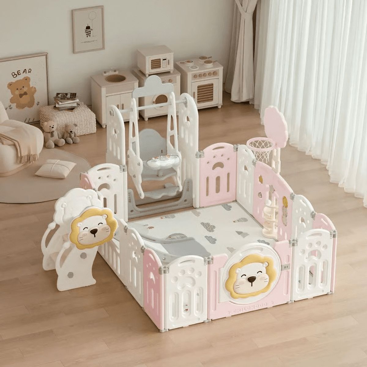 GENERICO - CORRAL PARA BEBES Y NIÑOS PLEGABLE DE LEON Premium Rosado