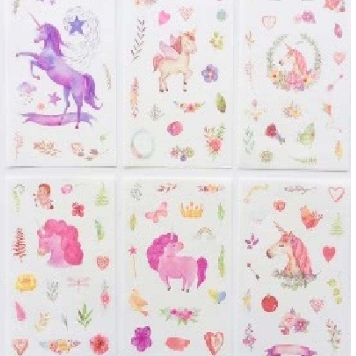 GENERICO - Pack x 6 láminas de Stickers Unicornios Modelo 2