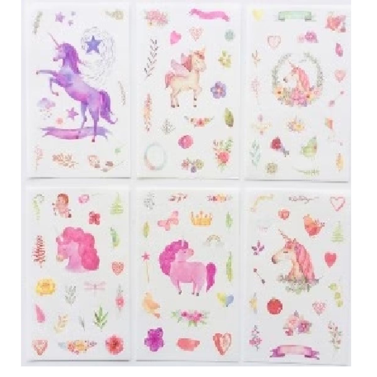 GENERICO - Pack x 6 láminas de Stickers Unicornios Modelo 2
