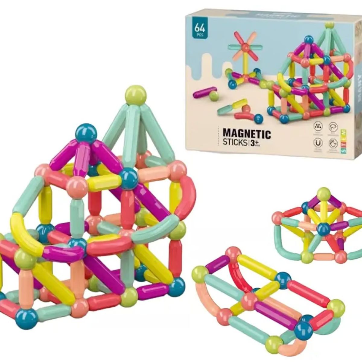 GENERICO - BLOQUES PALOS IMANTADOS DE  CONSTRUCCION DE 64 PIEZAS