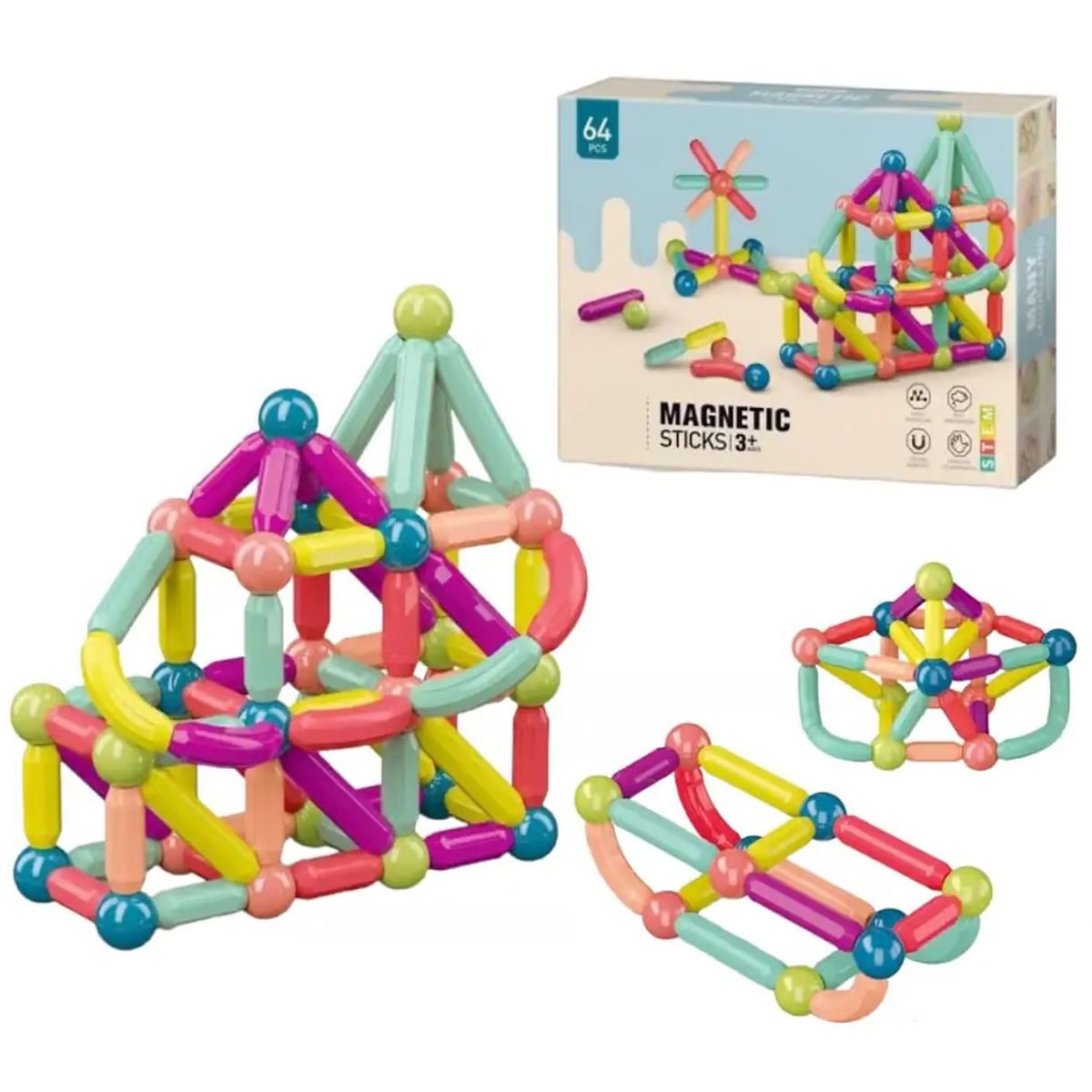 GENERICO - BLOQUES PALOS IMANTADOS DE  CONSTRUCCION DE 64 PIEZAS