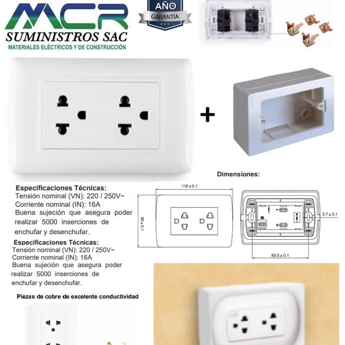GENERICO - Tomacorriente Doble + tierra universal adosable o para adosar
