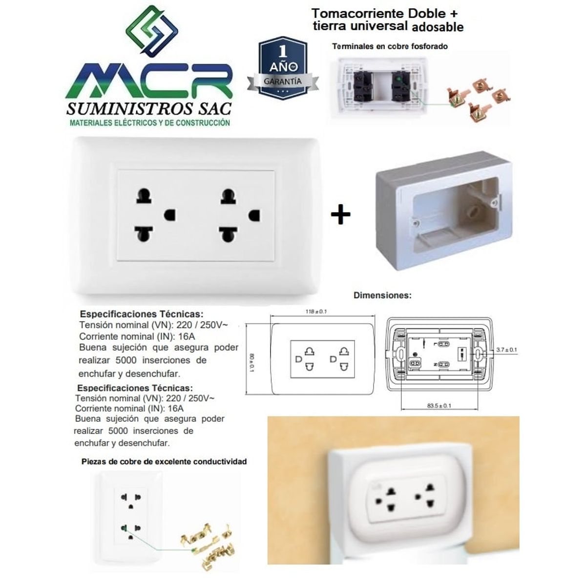 GENERICO - Tomacorriente Doble + tierra universal adosable o para adosar