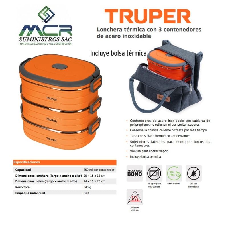 TRUPER - Lonchera térmica con 3 contenedores de acero inoxidable truper