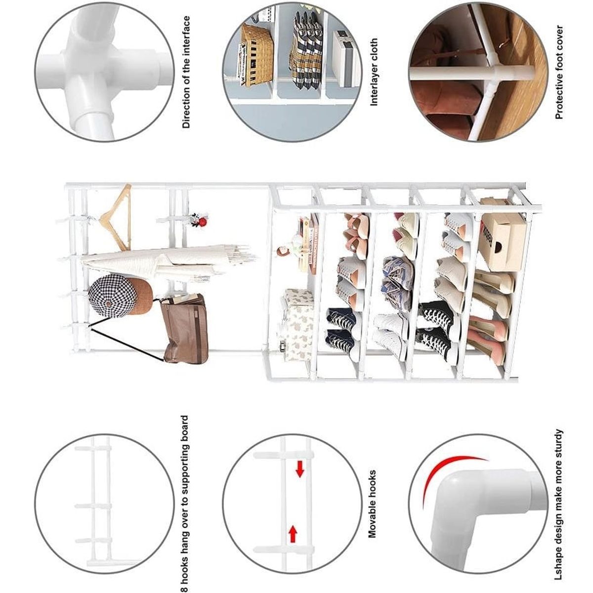 GENERICO - Zapatera con perchero organizador de 5 niveles 171cm Alto - Blanco