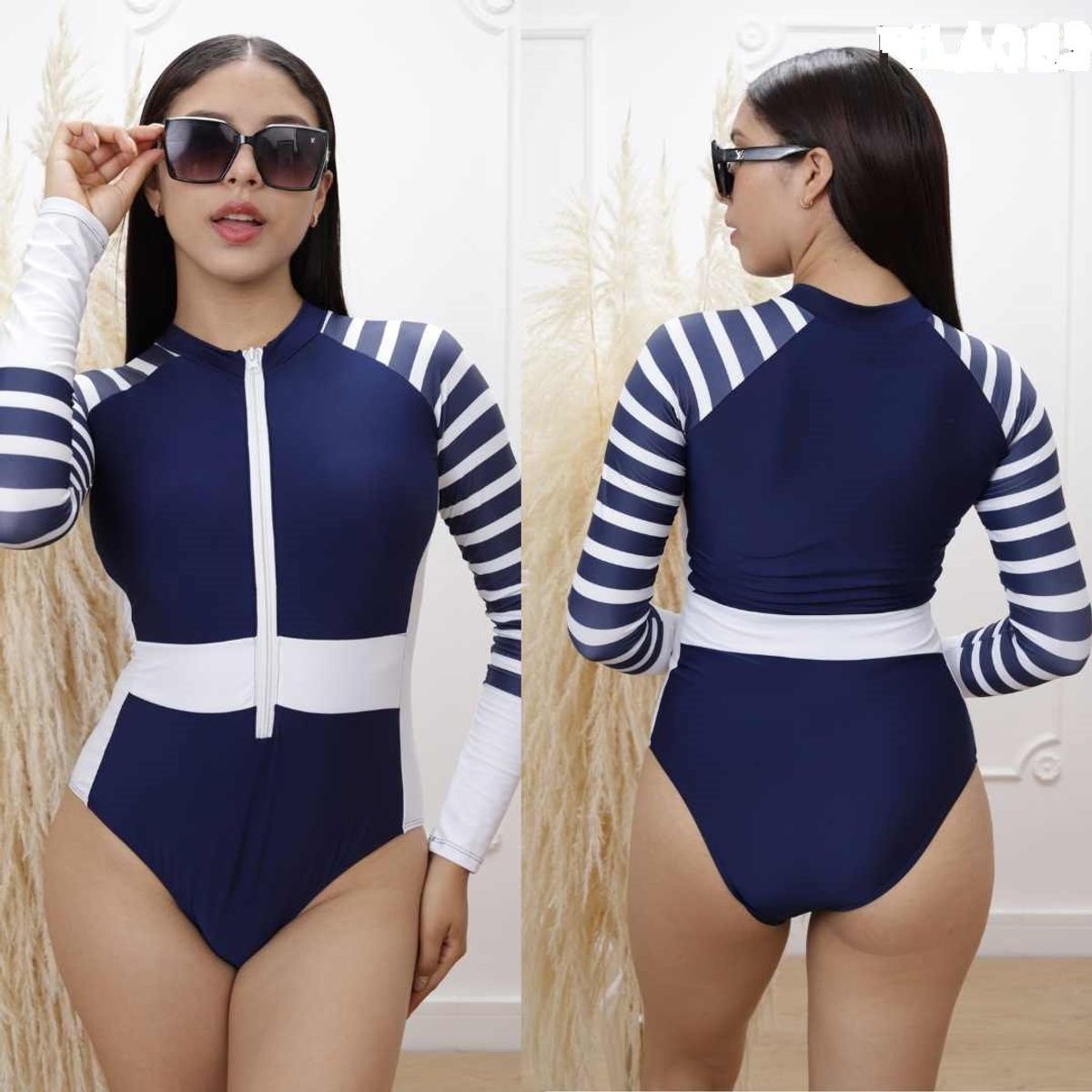 GENERICO - TRAJE DE BAÑO MANGA LARGA AZUL RAYAS BLANCAS