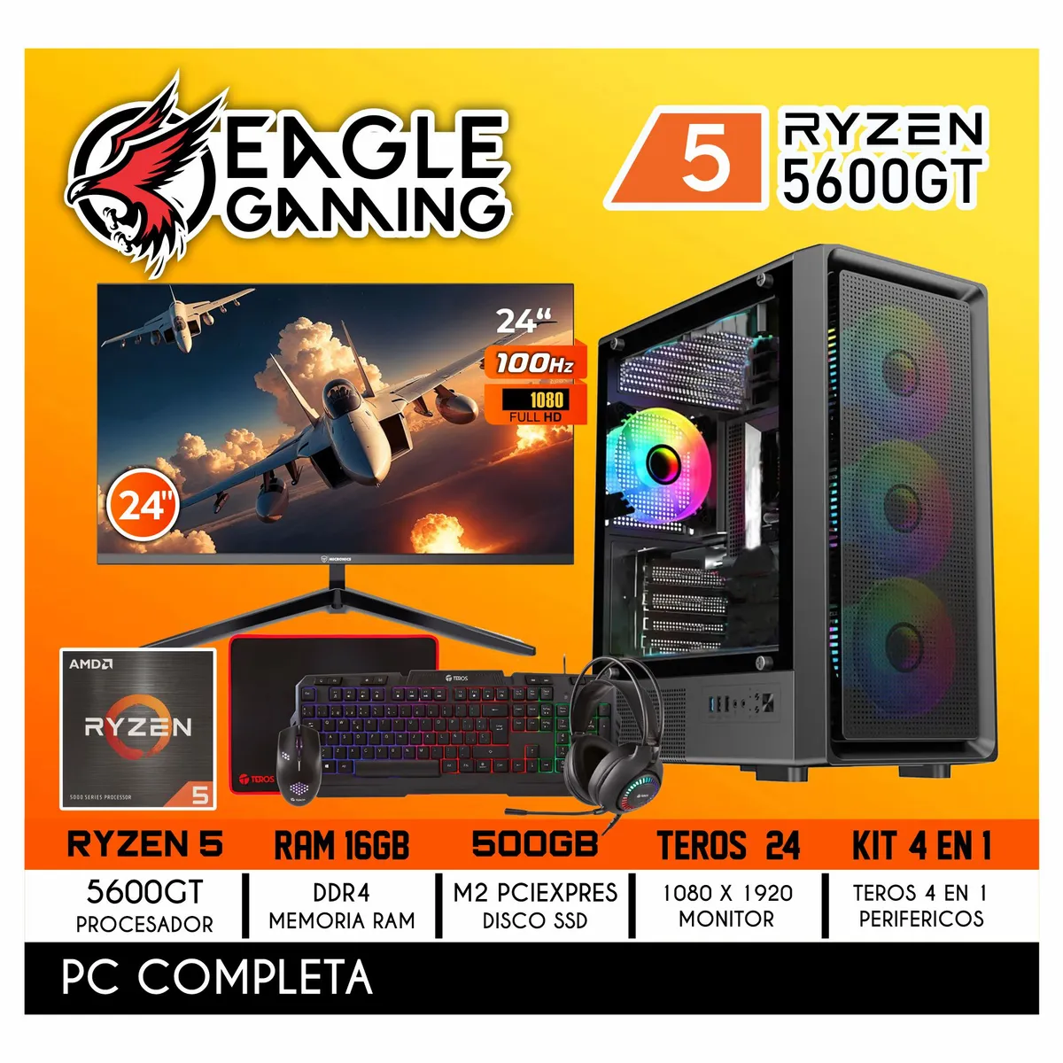 AMD - Computadora PC GAMER RYZEN 5 5600GT RAM 16GB SSD 500GB PANTALLA 24" FULL HD
