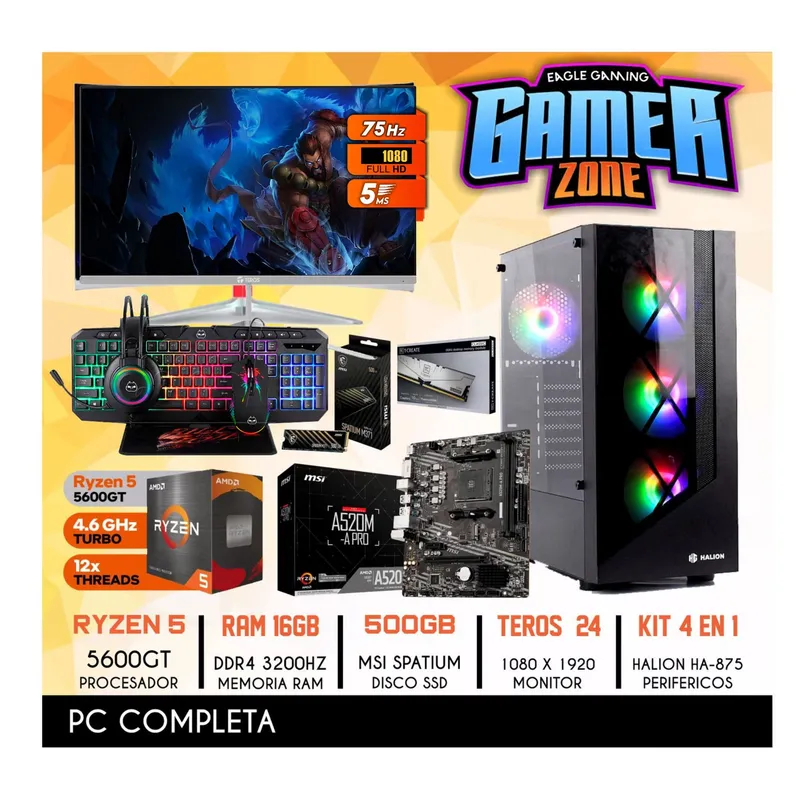 AMD - Computadora PC GAMER RYZEN 5 5600GT RAM 16GB SSD 500GB PANTALLA 24" FULL HD