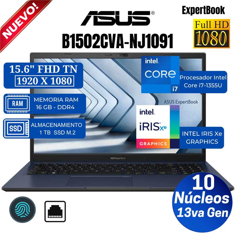ASUS - Laptop Asus ExpertBook B1502CVA-NJ1091 15.6" FHD TN, Core i7-1355U, Ram 16GB, Ssd 1 TB, Free Dos