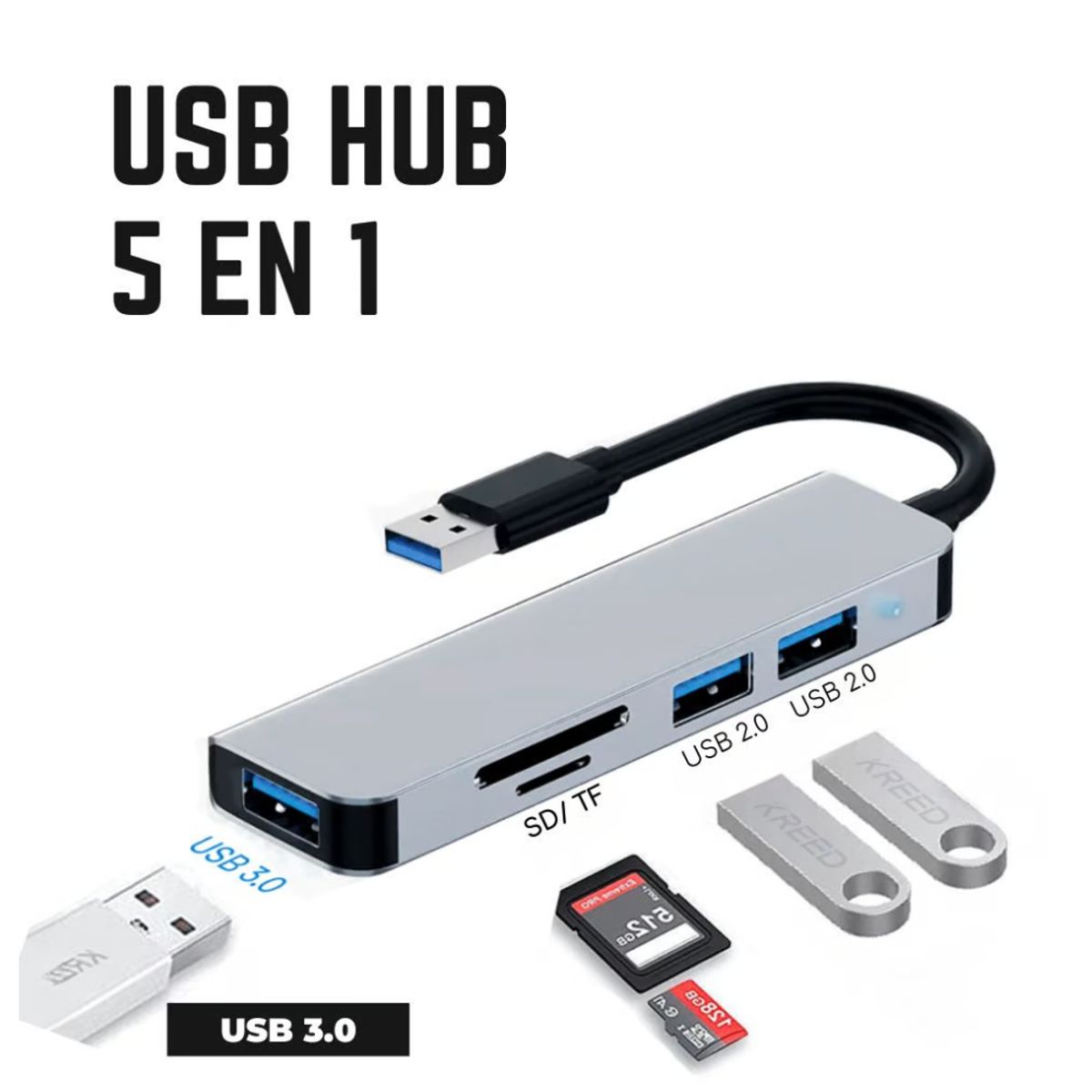 GENERICO - Adaptador USB 5 en 1 a Micro SD / TF y 3 Puertos USB