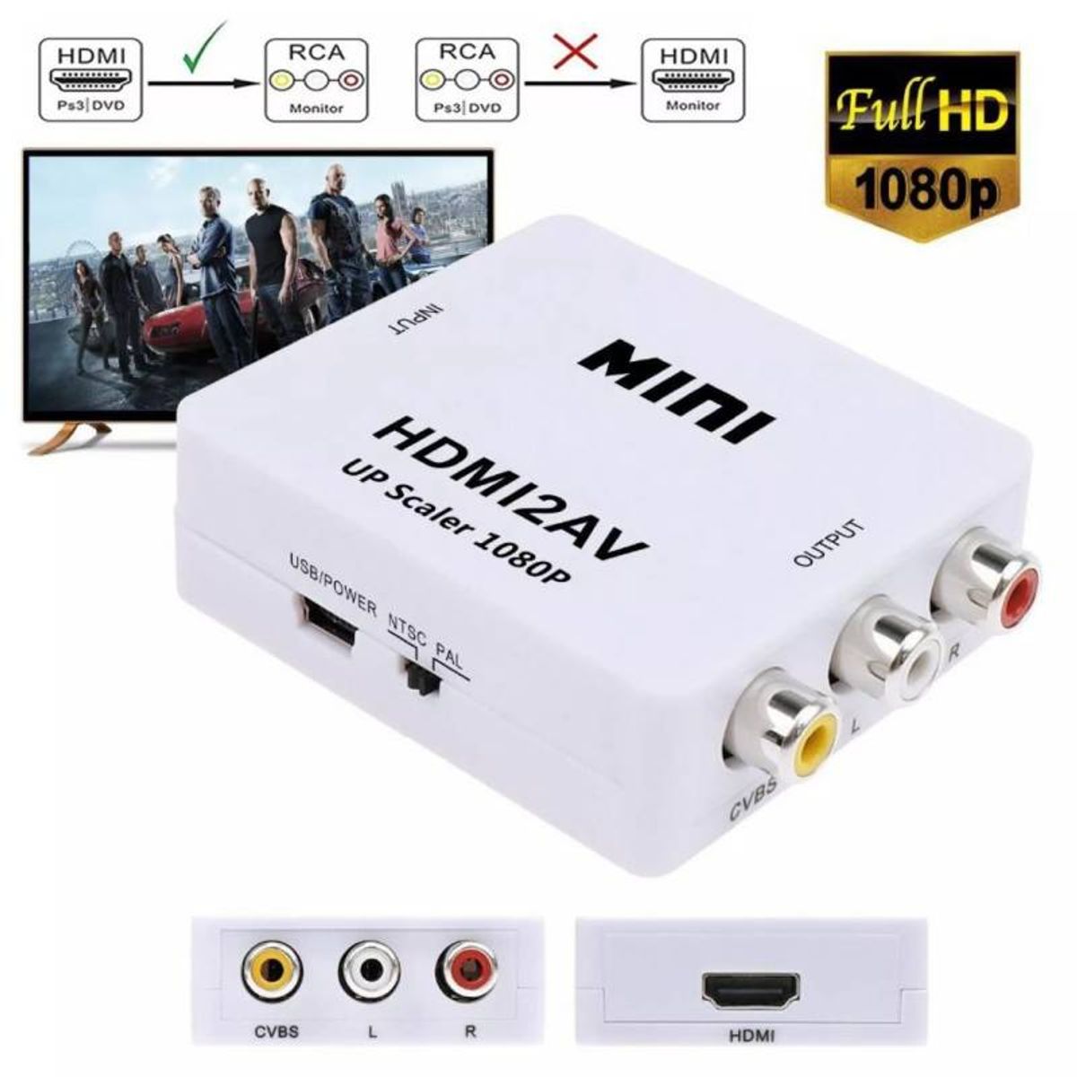 OEM - Adaptador Hdmi A Rca Conversor Convertidor Hdmi2AV Video Pal Ntsc