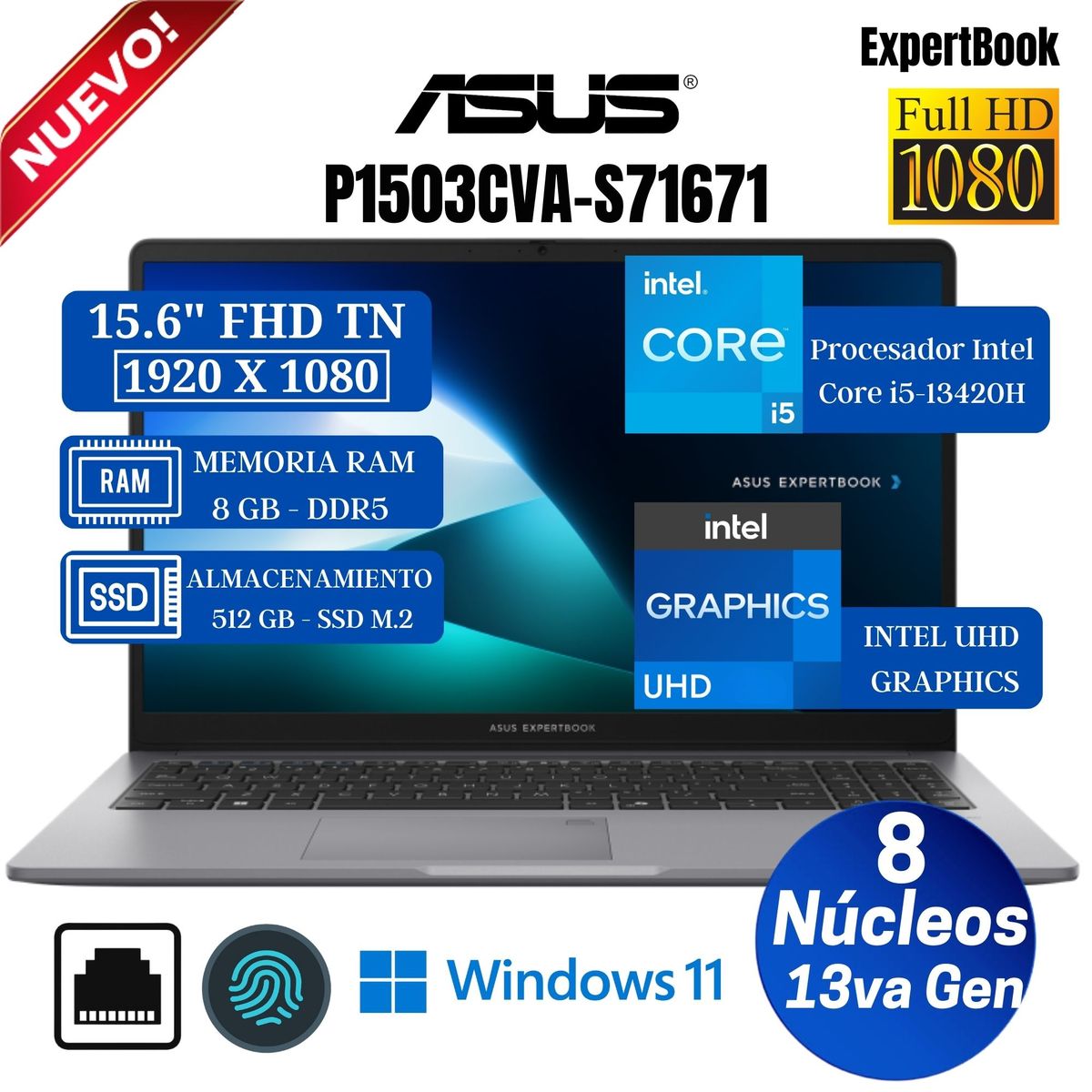 ASUS - laptop Asus ExpertBook P1503CVA-S71671 15.6" FHD, Intel Core i5-13420H, Ram 8GB, SSD 512GB, Win 11