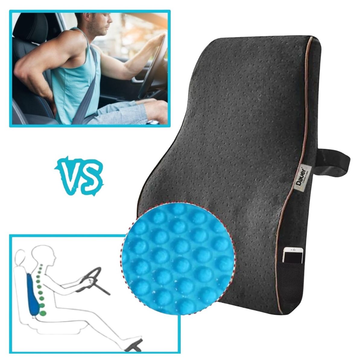 DAUER - Cojín Espaldar Dauer Carbón de Bambú  y Gel  para Auto