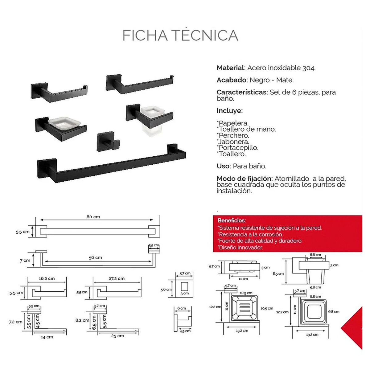 GENERICO - Kits de Baño 6 Piezas Acero Inoxidable Negro mate