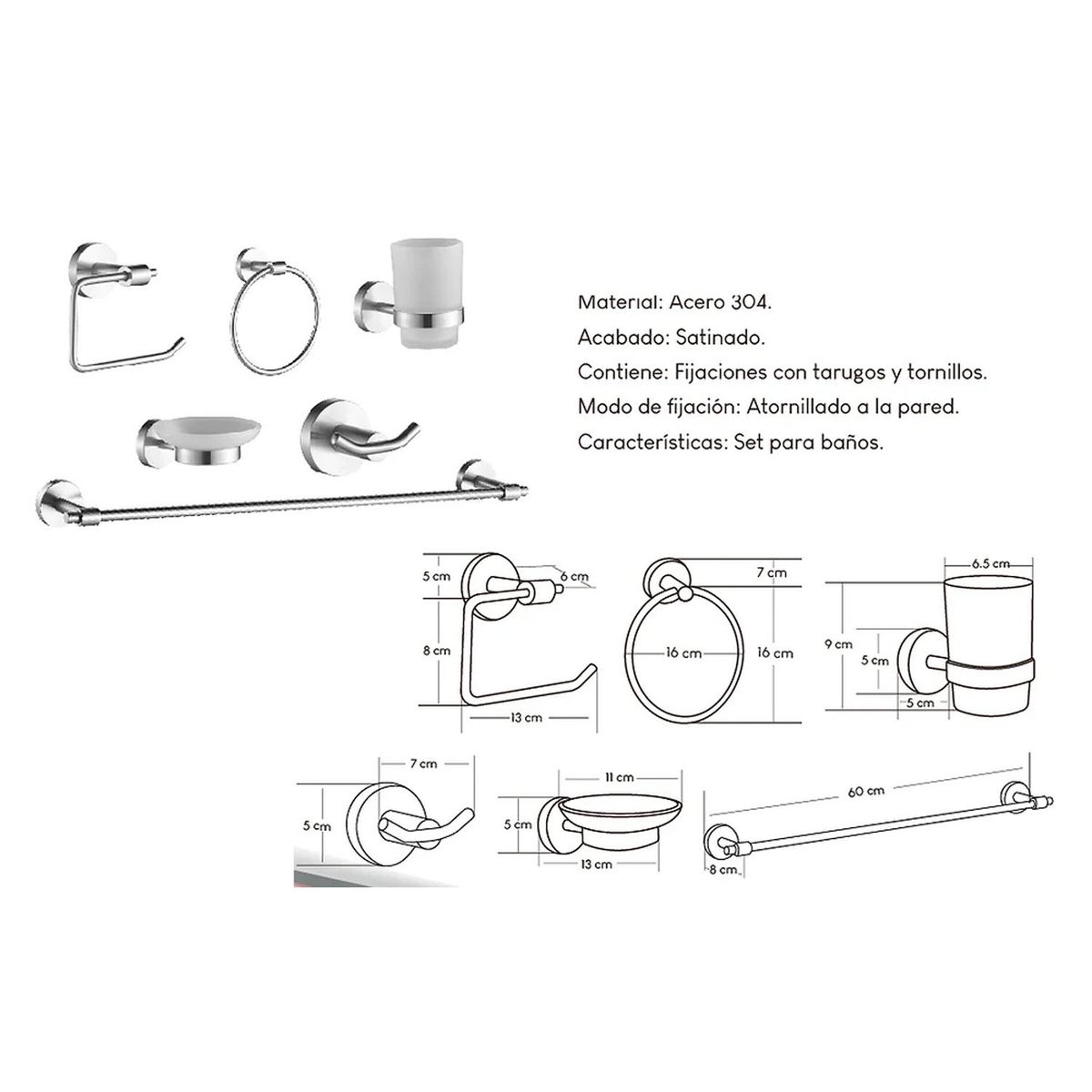 GENERICO - Kits de Baño 6 Piezas Acero Satinado