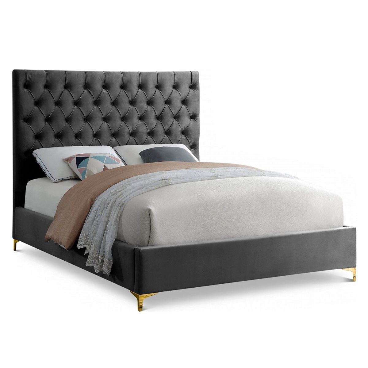 GENERICO - Cama Tapizada Capitoné Adda Gris Oscuro 2 Plazas