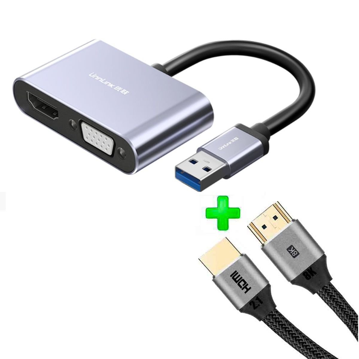 VARIOS - Pack Adaptador USB 3.0 a HDMI, VGA, USB2.0, Hagi + Cable HDMI 2.1