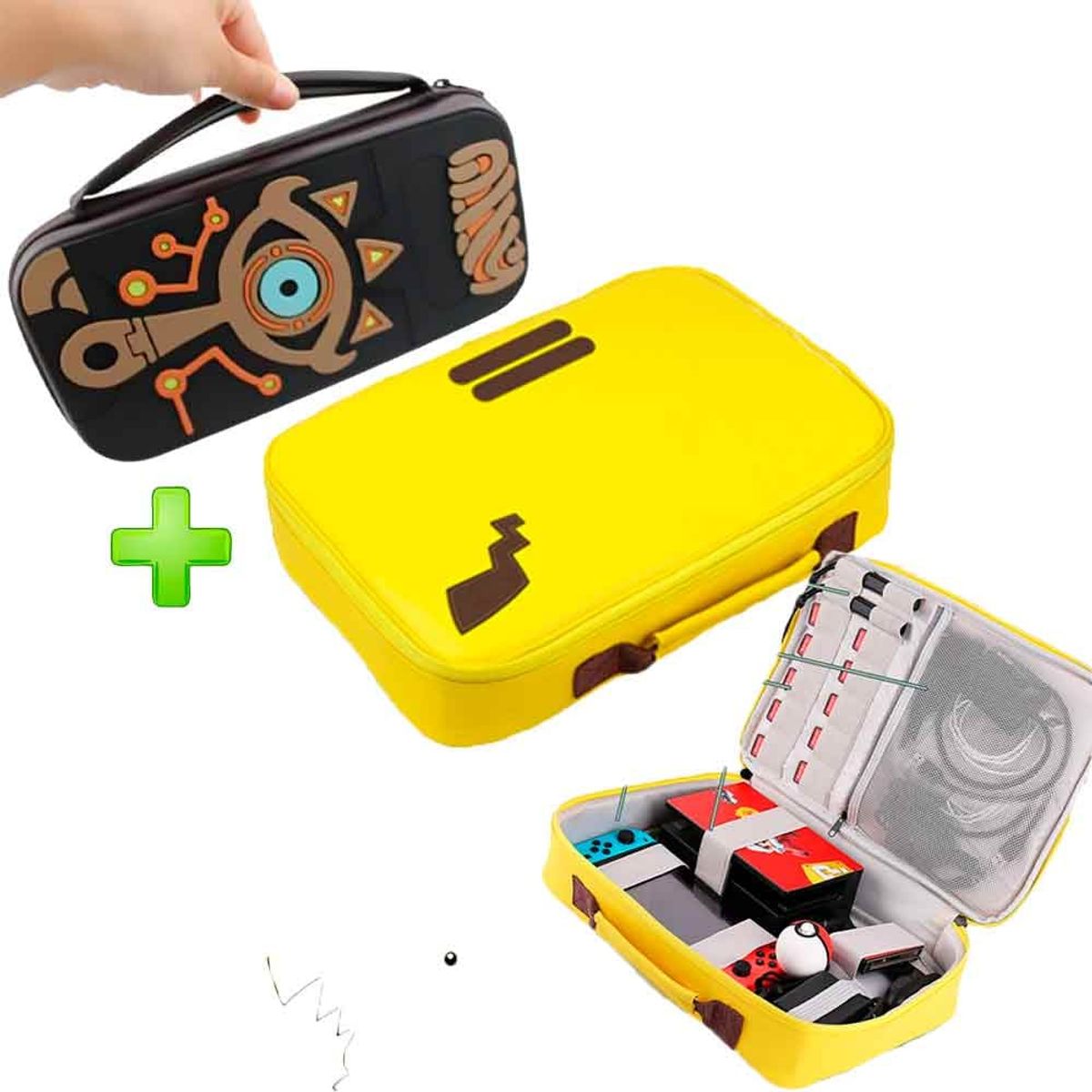VARIOS - Pack Maleta para Nintendo Switch y Oled Pikachu y Estuche Zelda Marrón