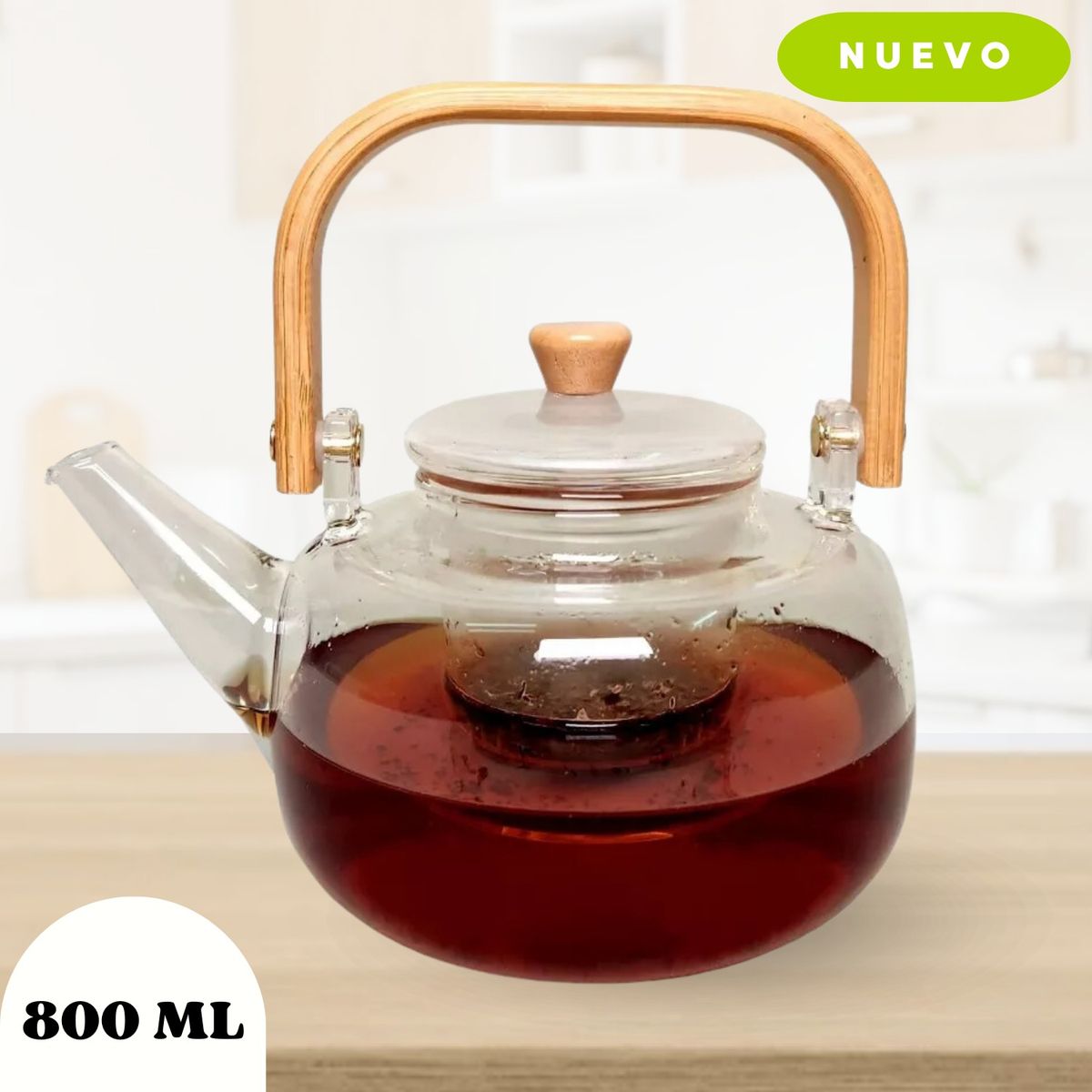 GENERICO - Tetera de Vidrio Transparente con Mango de Bambú