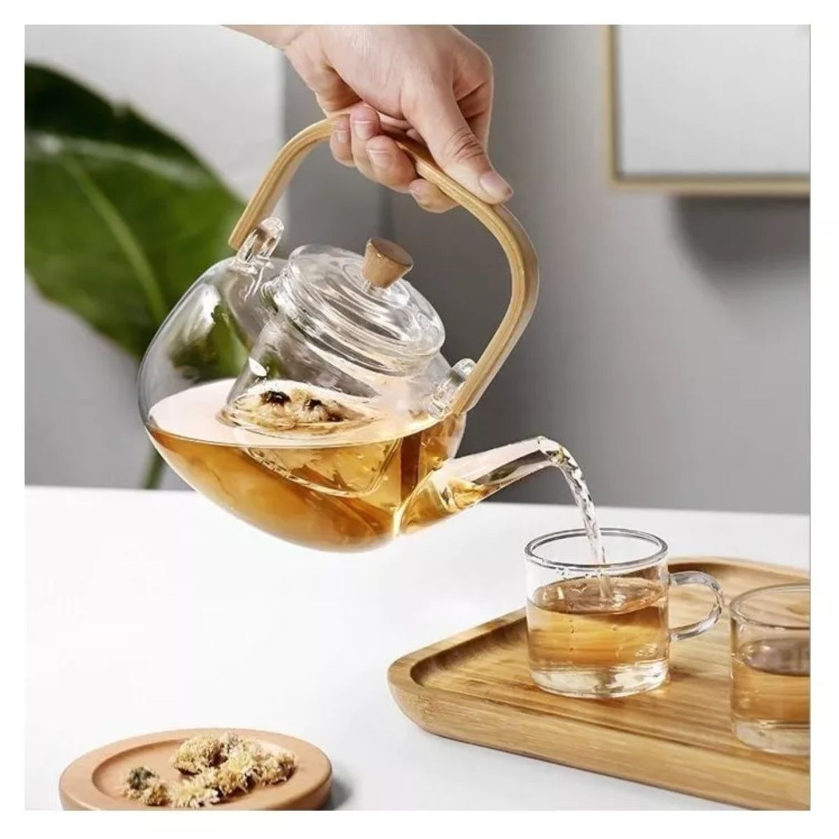 GENERICO - Tetera de Vidrio Transparente con Mango de Bambú