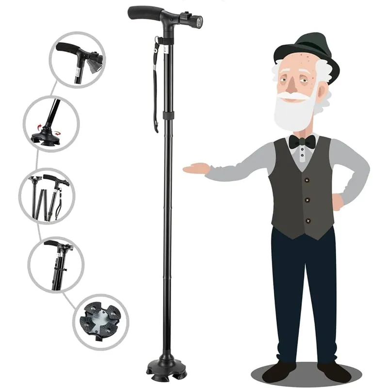 GENERICO - Bastón plegable con linterna ligero y ajustable para adultos