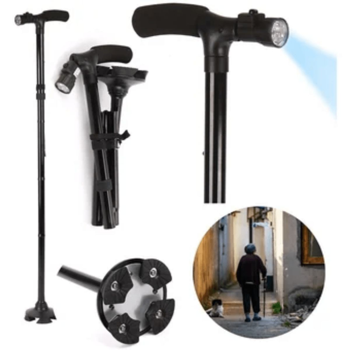GENERICO - Bastón plegable con linterna ligero y ajustable para adultos