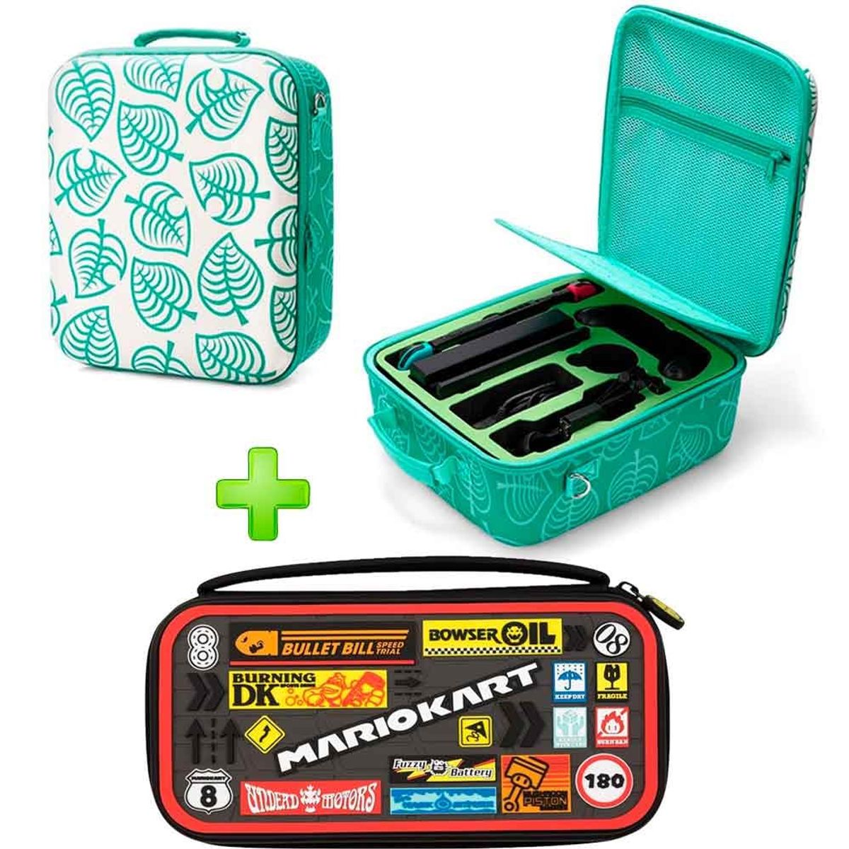 VARIOS - Pack Maleta para Nintendo Switch y Oled Verde A C + Estuche Mario Kart.