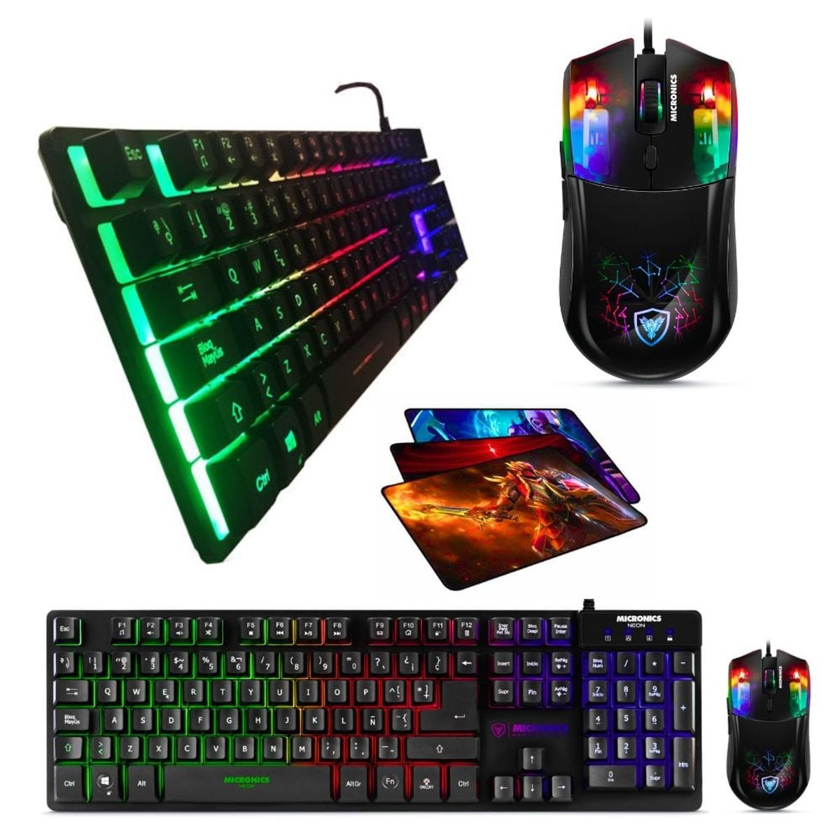 MICRONICS - Kit Gamer 3 En 1 Micronics Neon : Teclado + Mouse + Pad
