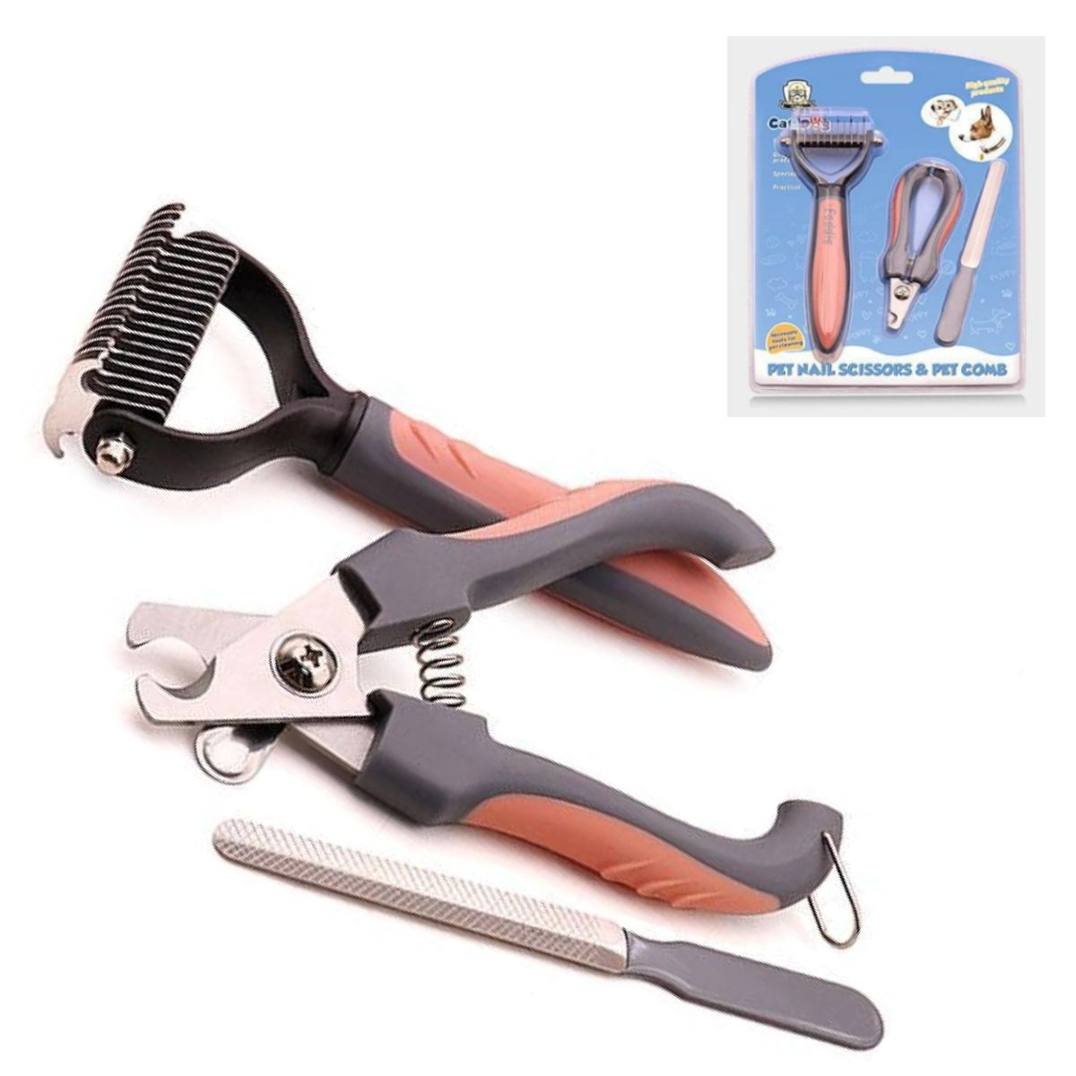 GENERICO - PEINE DESMOTADOR CORTA UÑAS Y LIMA KIT CORAL PEQUEÑO