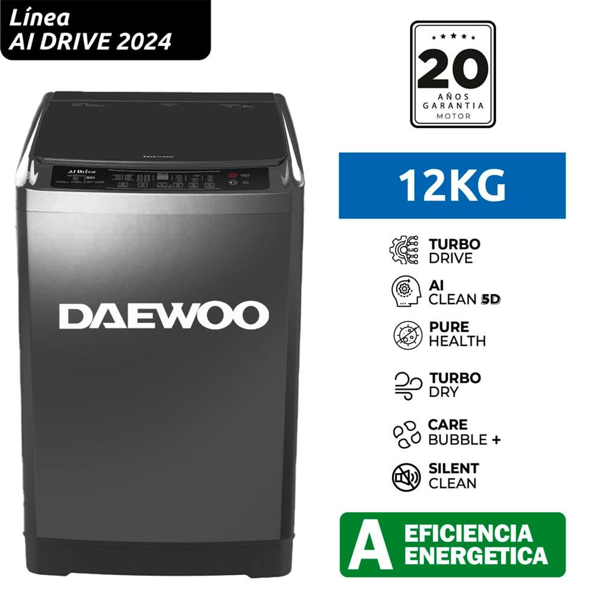 DAEWOO - Lavadora Daewoo Carga Superior 12Kg DPAI-1224 AI Drive Lavado Inteligente - Silver