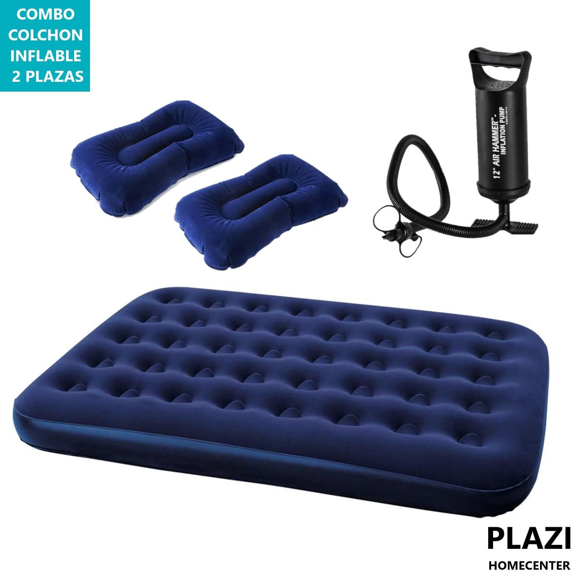 GENERICO - Colchón Inflable + Inflador + 2 Almohadas Camping